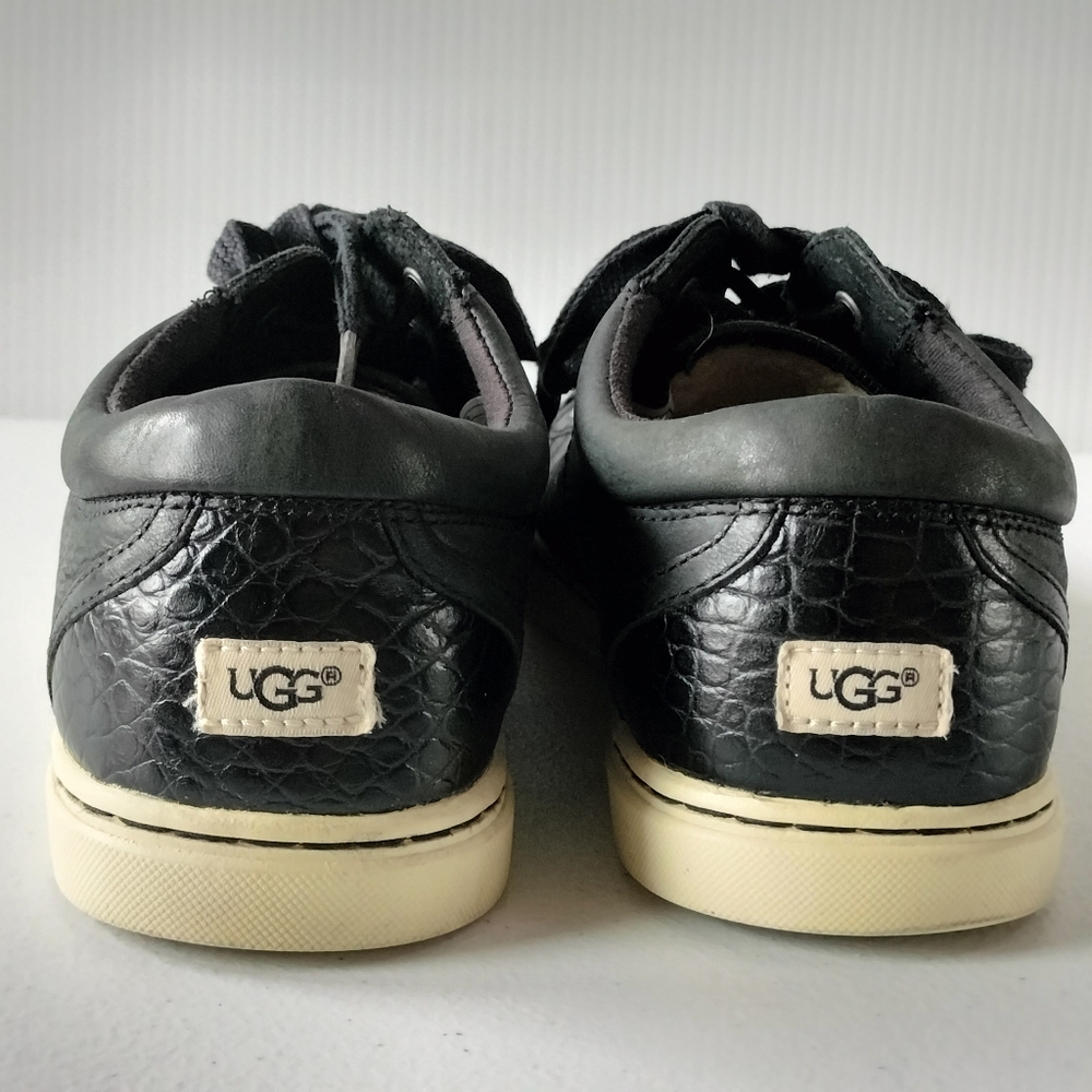 UGG Taya Croco Black Leather Tie Up Sneakers 8 Fur Travel Comfort Sporty - Picture 6 of 9